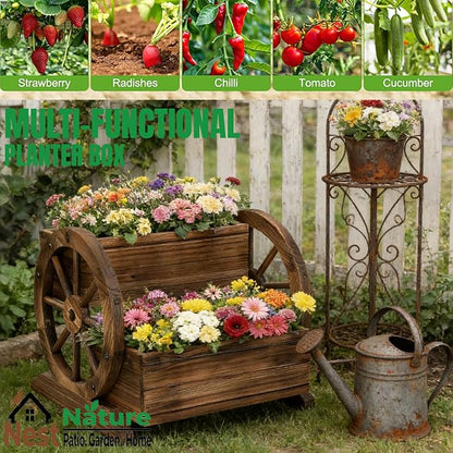 NestNature Wooden Wagon Planter Box|Raised Garden Bed W/Wheels for Plants | 2 Tier Classic Rustic Flower Pot Use Indoor&Outdoor Decor On Patio,Porch,Garden-Outdoor Planter For Flowers,Herbs,Vegetables