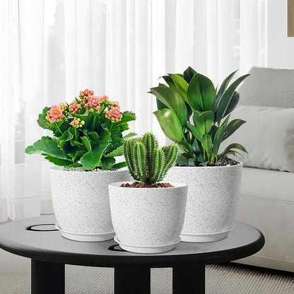 WSMKSZ Large Flower Pots 12/10/9 inch, Set of 3 Modern Decorative Plastic Planters with Drainage Holes and Saucers for Garden House Plants, Plant Pots for Indoor Outdoor Plants, Speckled White