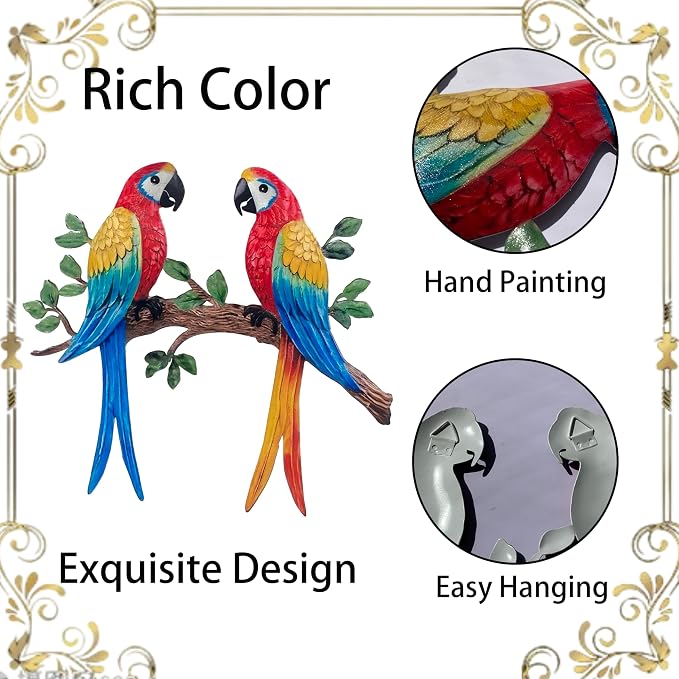 Limygus Colorful Hand-Painted Tropical Macaw Parrot Metal Wall Decor, Indoor Outdoor Hanging Ornament for Yard Patio Fence