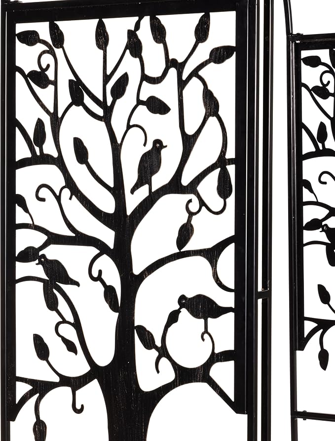 Plow & Hearth Metal Garden Arch Trellis Arbor Tree of Life Panels, 7 feet Freestanding Outdoor Arch Trellis for Climbing Plants, Pathway Entry and Wedding Garden Decor