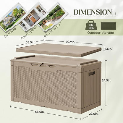 Greesum 100 Gallon Resin Deck Box Large Outdoor Storage with Cushions for Patio Furniture, Garden Tools, Pool Supplies, Weatherproof and UV Resistant, Lockable, Coffee