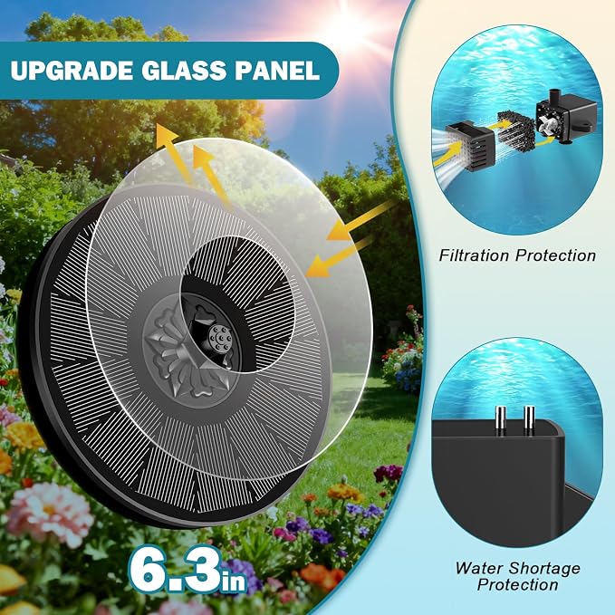 SZMP Solar Fountain for Bird Bath Spraying Water on Cloudy Day, Solar Water Fountain Pump Outdoor Garden 3.5W Black Glass Panel with 2000mAh Battery Replaceable Nozzles
