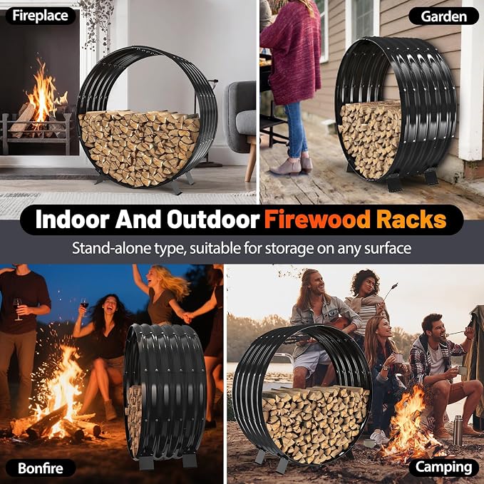 Round Metal Sheet Firewood Rack Indoor by Fireplace/Outdoor Beside Fire Pit -with Metal Legs,Rustproof,Durable & Stylish Firewood Holder (Circle, 40 Inches Diameter)