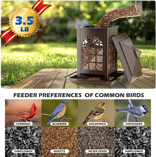 Birdream Bird Feeders for Outdoor Hanging, Assembly Required, 1-Min Easy Setup, Classic Courtyard Design, Attracting Cardinals Chickadees Goldfinches & Sparrows - Brown