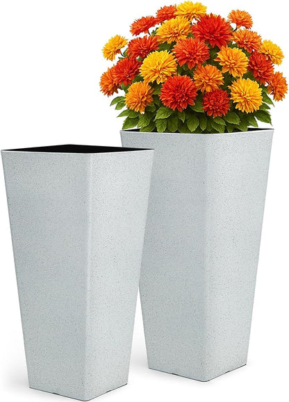 2-Pack 28" White Terrazzo Tall Tapered Planters with Drainage Holes | Set of 2 PP tall planters with white terrazzo finish, drainage plugs, and UV-treated surface for porch, patio, or indoors