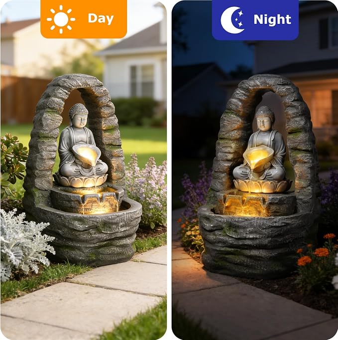 27.2" H Buddha Water Fountain Outdoor Zen Buddha Statue Outdoor Fountain with Lights, 3 Tier Waterfall Feature for Garden, Patio, Porch, Yard, Meditation Decor, Faux Stone Finish