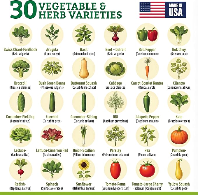 Vegetable/Herb Seeds Variety Pack - 30 Heirloom Seed Gift Kit - Made in USA