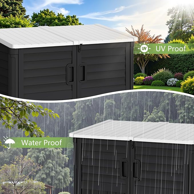 Greesum Outdoor Trash Can Storage Shed, 34 Cu.ft Waterproof Horizontal Storage Shed, Portable Horizontal Resin Storage Shed for Garden, Backyard, Patio, Dark Black