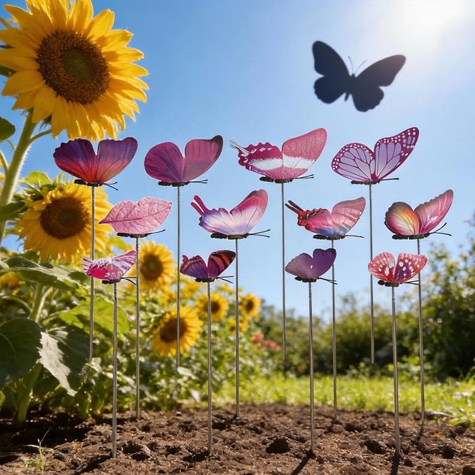 Decorative Garden Stakes, 12pcs 9.7in Purple Butterfly Vibrant Metal Sticks for Flower Beds, Yard Decor, DIY Party Ornaments - Perfect for Outdoor, Wedding & Home Tea Events
