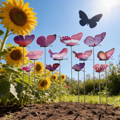 Decorative Garden Stakes, 12pcs 9.7in Purple Butterfly Vibrant Metal Sticks for Flower Beds, Yard Decor, DIY Party Ornaments - Perfect for Outdoor, Wedding & Home Tea Events