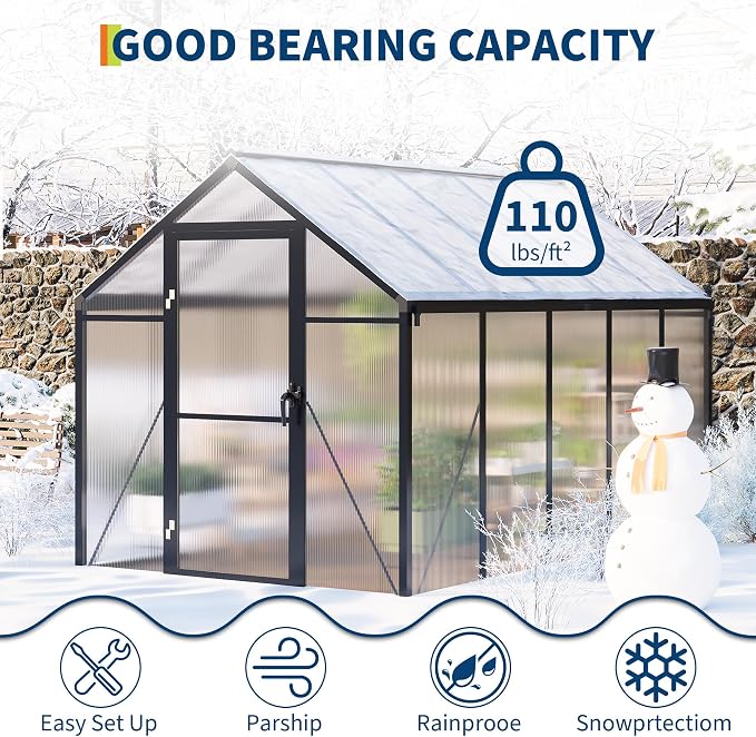 6X10 Ft Polycarbonate Greenhouse Sunroom with Aluminum Frame, Outdoor Greenhouse for Vegetables Herbs Flowers, Lockable Door & Adjustable Roof Vent, Patio Backyard Greenhouse Kit for Gardening, Black