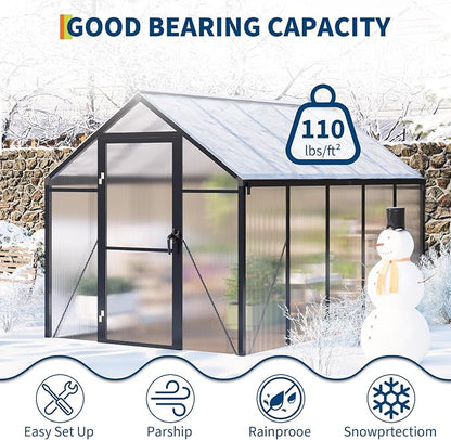 6X10 Ft Polycarbonate Greenhouse Sunroom with Aluminum Frame, Outdoor Greenhouse for Vegetables Herbs Flowers, Lockable Door & Adjustable Roof Vent, Patio Backyard Greenhouse Kit for Gardening, Black