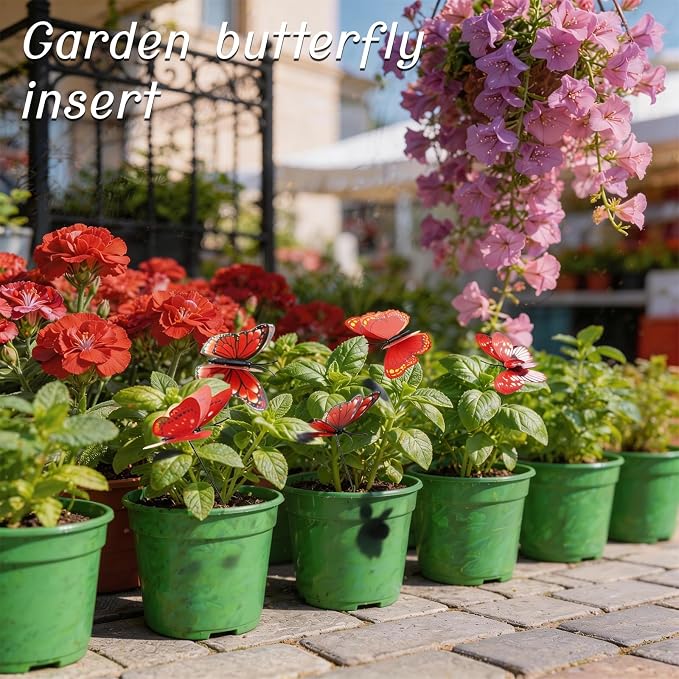 30PCS Red Butterfly Decor Artificial Butterflies for Outdoor Garden Decor | 3D Waterproof Double Layer Butterfly Decorative Garden Stakes for Flower Arrangements Outdoor Indoor Spring Decor