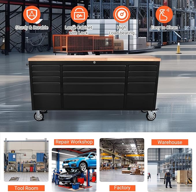 72-Inch Heavy-Duty Rolling Tool Chest & Mobile Workbench with 15 Drawers, Steel Storage Cabinet with Rubber Wood Top, Key Lock, Drawer Liners and Wheels for Garage, Workshop, Black