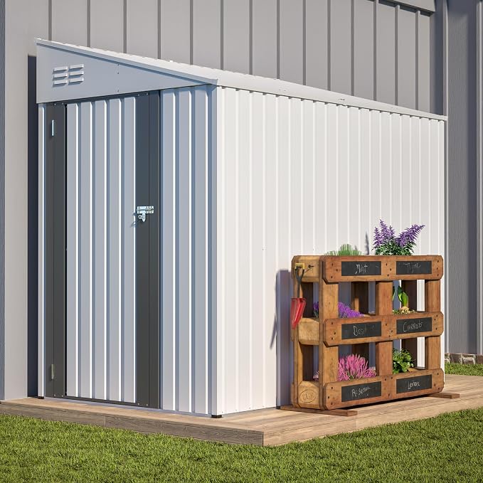 YOPTO 4x7 FT Lean to Storage Shed, Outdoor Metal Wall Side Storage Sheds with Lockable Door,Small Garden Tool Shed for Backayrd, Patio,Lawn,Easy Assembly,White