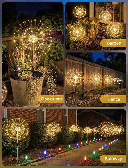 Brightown 4 Pack Garden Decor Solar Lights Outdoor Decorative,150LED Firework Lights for Outside,8 Modes Solar Powered Stake Fairy Light for Yard Pathway Flowerbed Patio Christmas Decor,Warm White