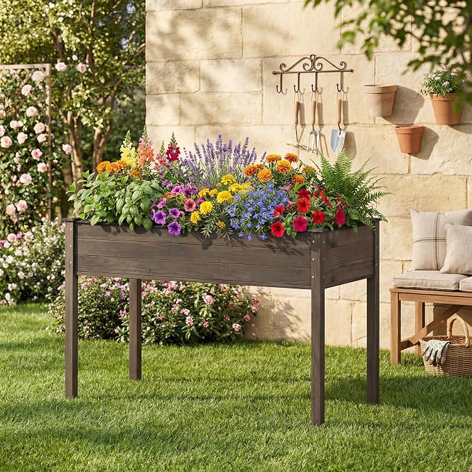 S AFSTAR Raised Garden Bed, Elevated Wooden Planter Box, 47”L x 24”W x 30”H, Outdoor Gardening Planting Bed for Vegetables, Flowers & Herbs Grow, Great for Backyard, Patio, Lawn (Gray)