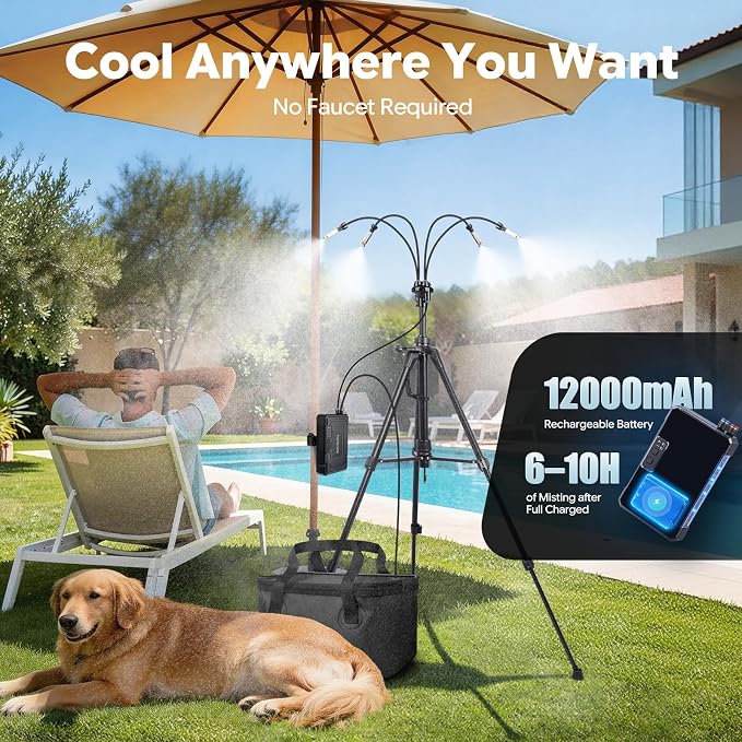 homenote Portable Standing Misting System – 12,000mAh Pump, 20L Bucket, 4.8FT Adjustable Tripod Base, Outdoor Cooling Misters for Backyard, Pool, Beach, Camping, Picnic, Greenhouse, Chicken Coop