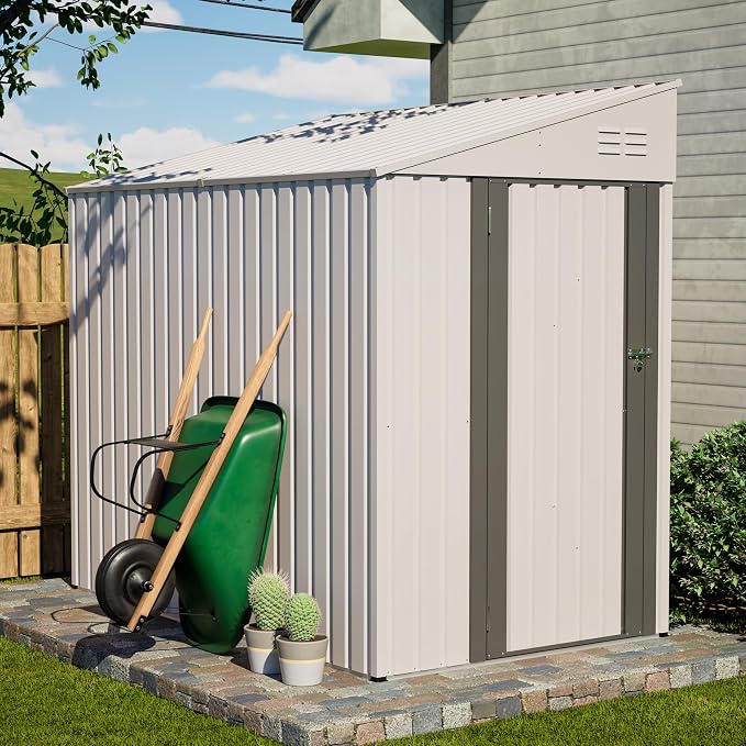 YOPTO 4x7 FT Outdoor Storage Shed,Metal Lean to Storage Shed with Reinforced Beams,All Weather Waterproof Garden Tool House W/Lockable Door and Reversible Installation,for Backyard,Patio,Lawn,White