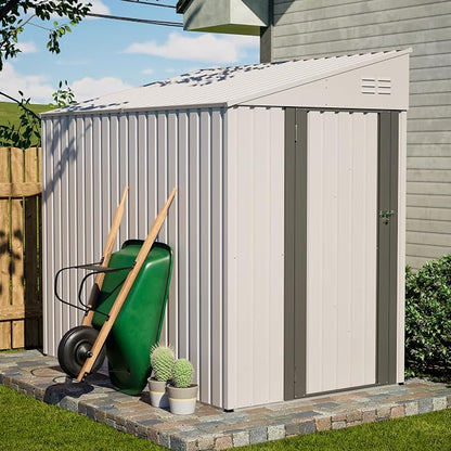 YOPTO 4x7 FT Outdoor Storage Shed,Metal Lean to Storage Shed with Reinforced Beams,All Weather Waterproof Garden Tool House W/Lockable Door and Reversible Installation,for Backyard,Patio,Lawn,White