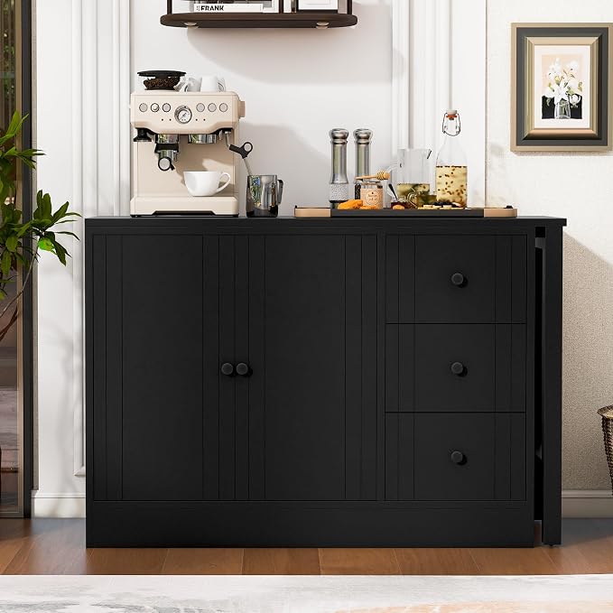 Merax Wood Farmhouse Buffet Sideboard with with Extendable Table, Multifunctional Coffee Bar Cabinet with 2 Doors and 3 Drawers for Living Room Bedroom Kitchen Black