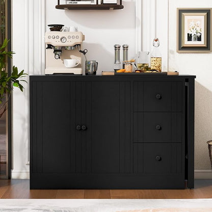 Merax Wood Farmhouse Buffet Sideboard with with Extendable Table, Multifunctional Coffee Bar Cabinet with 2 Doors and 3 Drawers for Living Room Bedroom Kitchen Black