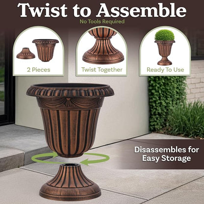 Outdoor Planter 2-Pack - 16x18-Inch Urn Planters for Front Porch Decor, Indoors, Patio or Entryway - Plastic Plant Pots - Large Decorative Flower Pots by Pure Garden (Rustic Bronze)