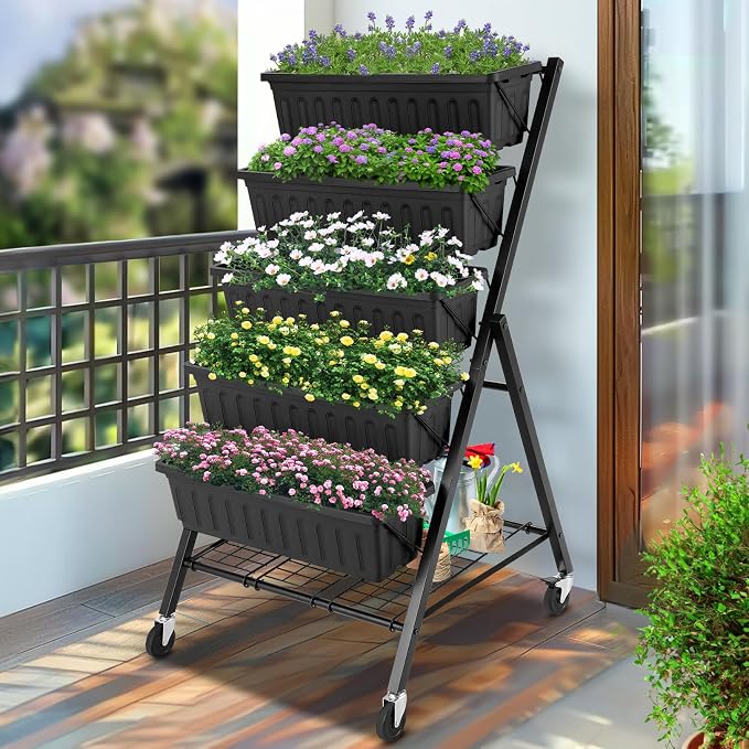 Homdox 5-Tier Vertical Garden Bed with Lockable Caster Wheels and Storage Rack - 4FT Vertical Raised Bed with 5 Garden Planter Boxes- Perfect to Grow Vegetables Herbs Flowers Indoor(Black)
