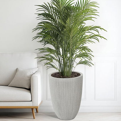 19" Mediterranean Beige Resin Tall Planters with Fluted Texture | Set of 2 resin tall planters with beige fluted texture, drainage plugs, and UV-resistant finish for porch, patio, or indoors