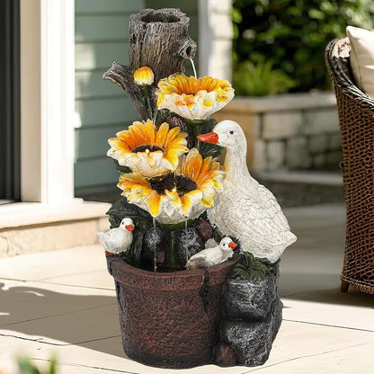 AUTODAYA 19" Sunflower & Duck Water Fountain Indoor Outdoor with LED Lights | 4-Tier Cascading Waterfalls, Rustic Decor for Garden, Yard, Patio, Flowerbed & Farmhouse