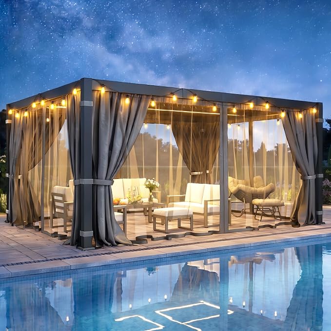 12' x 16' Louvered Pergola, Outdoor Pergola with Curtains & Netting, Aluminum Frame Patio Pergola with Adjustable Louvers Roof & Gutter System, Hardtop Gazebo for Patio, Deck, Garden, Yard, Dark Gray