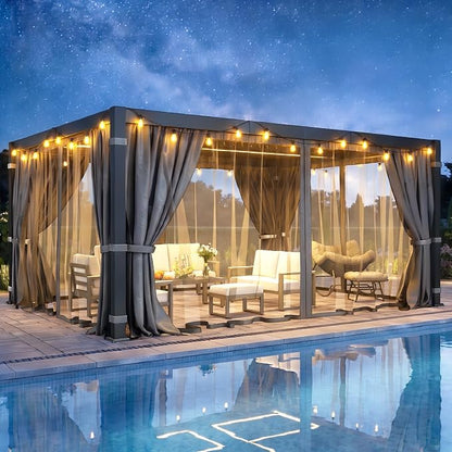 12' x 16' Louvered Pergola, Outdoor Pergola with Curtains & Netting, Aluminum Frame Patio Pergola with Adjustable Louvers Roof & Gutter System, Hardtop Gazebo for Patio, Deck, Garden, Yard, Dark Gray