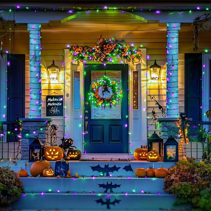 JMEXSUSS 2 Pack Solar Halloween Lights, Tot. 400LED 151FT, Purple and Green | Outdoor Waterproof, 8 Modes Solar String Lights for Outside Patio Yard Garden Tree Decorations
