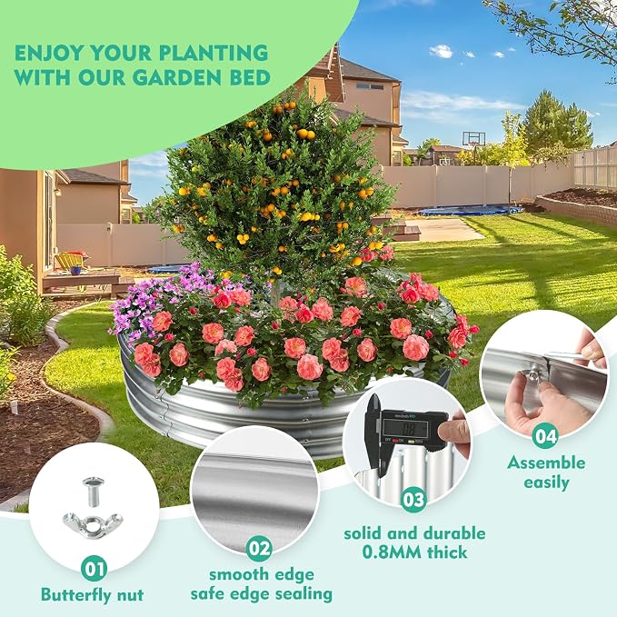 12 Inch Tall 60 Inch Diameter Round Silver Raised Garden Bed Kits Outdoor | 1 FT Tall,5 FT Planter Bed for Flowers,Herbs,Vegetables,Trees,0.8MM Thick Galvanized Metal Painted,with Gloves,Tool free