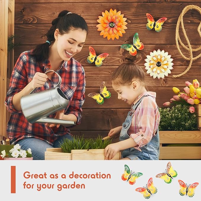 Zhehao 6 Pcs 9.5'' Metal Butterfly Wall Decor 7.8'' Metal Flowers Outdoor Wall Decor Sunflower Outdoor Art Fence Art Decorations for Garden Bedroom Bathroom Decorations