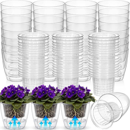 54 Pcs Self Watering Pots, 3.5 Inch Plastic Flower Plant Pot with Inner Pot Self Watering Wick Planter White Clear Flower Pots for Indoor House Plants Herbs, Flowers, Succulents(Transparent)