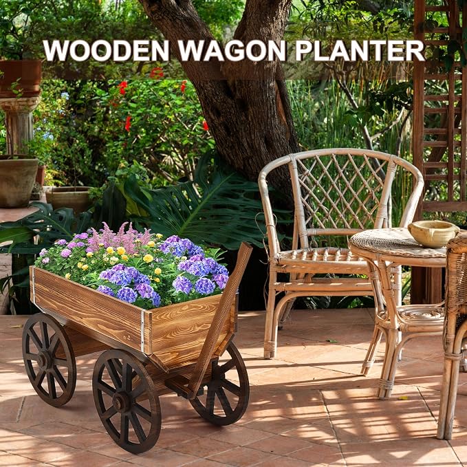 Beeveer Wooden Wagon Flower Planter Cart Garden Planter Box with Wagon Wheels Cart for Home Garden Outdoor Balcony Decorative, Patio Flowers Herbs Vegetables, Brown 29.5 x 17(Elegant)