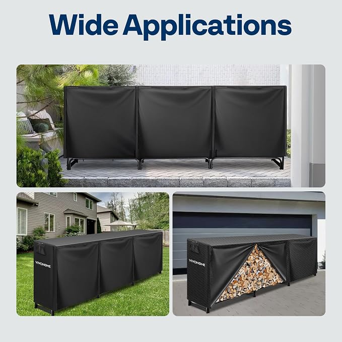 VIVOHOME 10 ft Heavy Duty Firewood Rack Outdoor with Cover, Fire Wood Storage Rack, Log Holder and Cover Combo Set with Zipper, Black