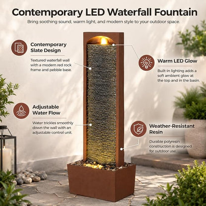 Teamson Home 38.5" Faux Slate Contemporary Outdoor LED Waterfall Fountain with Pebble Base, Red Rock | Contemporary, Pebble Base