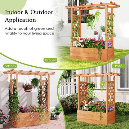HAPPYGRILL Raised Garden Bed with Trellis, Freestanding Wood Planter Box w/Hanging Roof & 4 Drainage Holes for Vine, Climbing Plants, Flowers, Outdoor Planter with Trellis for Garden, Patio, Yard