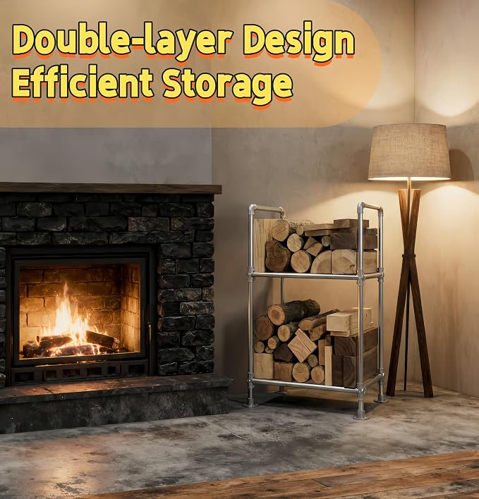 2ft Heavy Duty Firewood Rack with Dual-Tier Structural Design | Constructed with Galvanized Steel Pipes and Featuring a Firewood Rack Cover,Load-bearing Capacity 1,000 lbs,Indoor/Outdoor