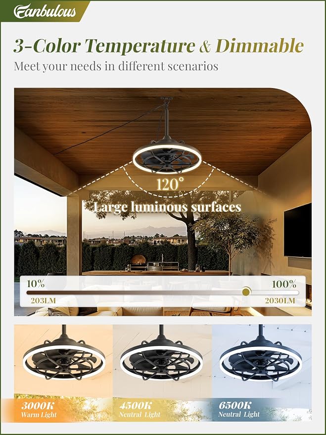 Fanbulous Outdoor Ceiling Fans with Light for Patios, 20" Weatherproof Plug in Ceiling Fan, Gazebo Fan Remote&APP Control, 3CCT Dimmable,Caged Ceiling Fan with Hanging Hook for Porch, Pergola,Canopy