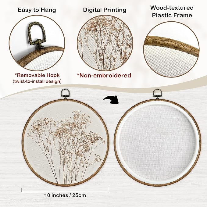 TLESKE Beige Fall Rustic Botanical Round Wall Art Decor, Autumn Boho Wildflower Floral Framed Canvas Prints Artwork, Neutral Vintage Wall Hanging Door Decor for Farmhouse Bedroom Living Room, Home Décor Products 10x10