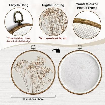 TLESKE Beige Fall Rustic Botanical Round Wall Art Decor, Autumn Boho Wildflower Floral Framed Canvas Prints Artwork, Neutral Vintage Wall Hanging Door Decor for Farmhouse Bedroom Living Room, Home Décor Products 10x10