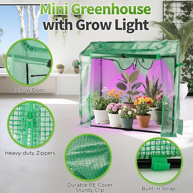 Mini Greenhouse with LED Grow Light & Timer, 36"×20"×33" Portable PE Plant Tent for Indoor Seed Starting, Balcony, Garage & Small Space Gardening