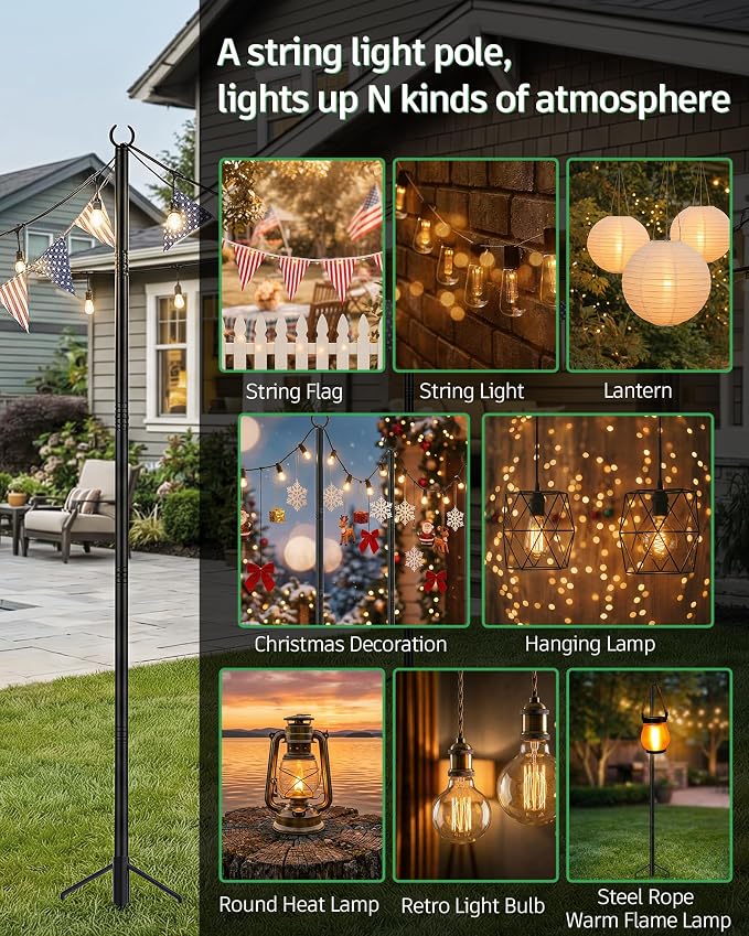 LAND·VOI String Light Poles 2 Pack, Heavy Duty Outdoor Light Poles with Upgraded 5‑Prong Base, Anti‑Bending Stable Design for Backyard Patio Garden Wedding Party Decoration