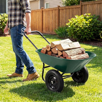 ERGOMASTER Dual-Wheel Wheelbarrow, Home Utility Garden Cart, 330 LBS Capacity, Large Heavy Duty Yard Cart for Gardening & Planting, Lawn, Farm, Construction Site, Green