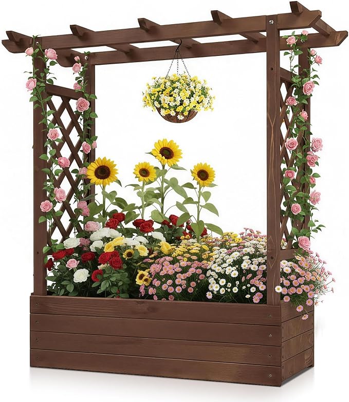 Vasitelan Raised Garden Bed with Trellis, Wooden Elevated Planter Box w/Drainage Holes & Removable Bottom Panels for Climbing Vine Flower, Indoor Outdoor Wood Planter for Yard Patio (Brown)