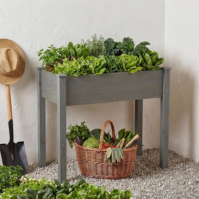 NEWBULIG Raised Garden Bed Wood 34x18x30in, Elevated Wood Planter Box Stand with Legs for Outdoors Balcony Backyard, Raised Garden Bed for Planting Herbs Flowers Vegetables, Grey