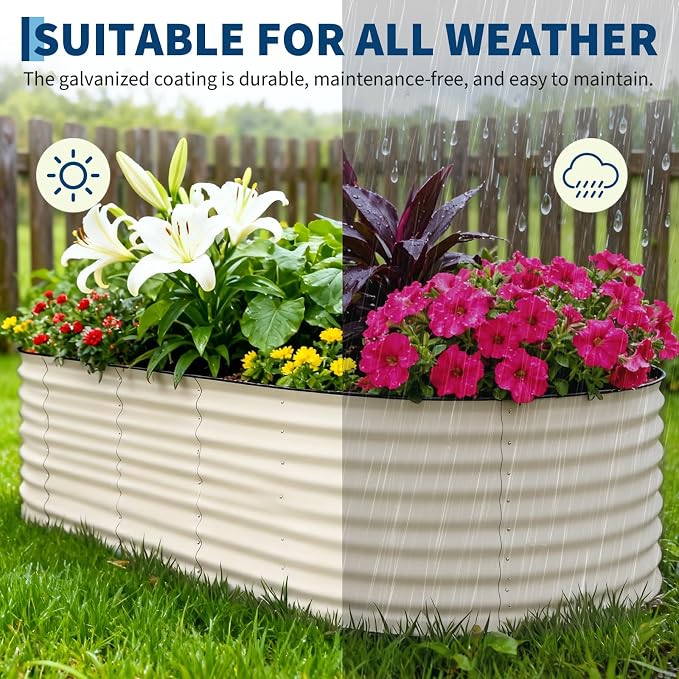 Garvee 2 Pack 10x4x1.5ft Galvanized Raised Garden Bed Kit, Oval Metal Planter Boxes with Anti-Cut Safety Edges, Rust-Resistant Deep Root Planters for Outdoor Vegetables, Flowers, Herbs, Beige